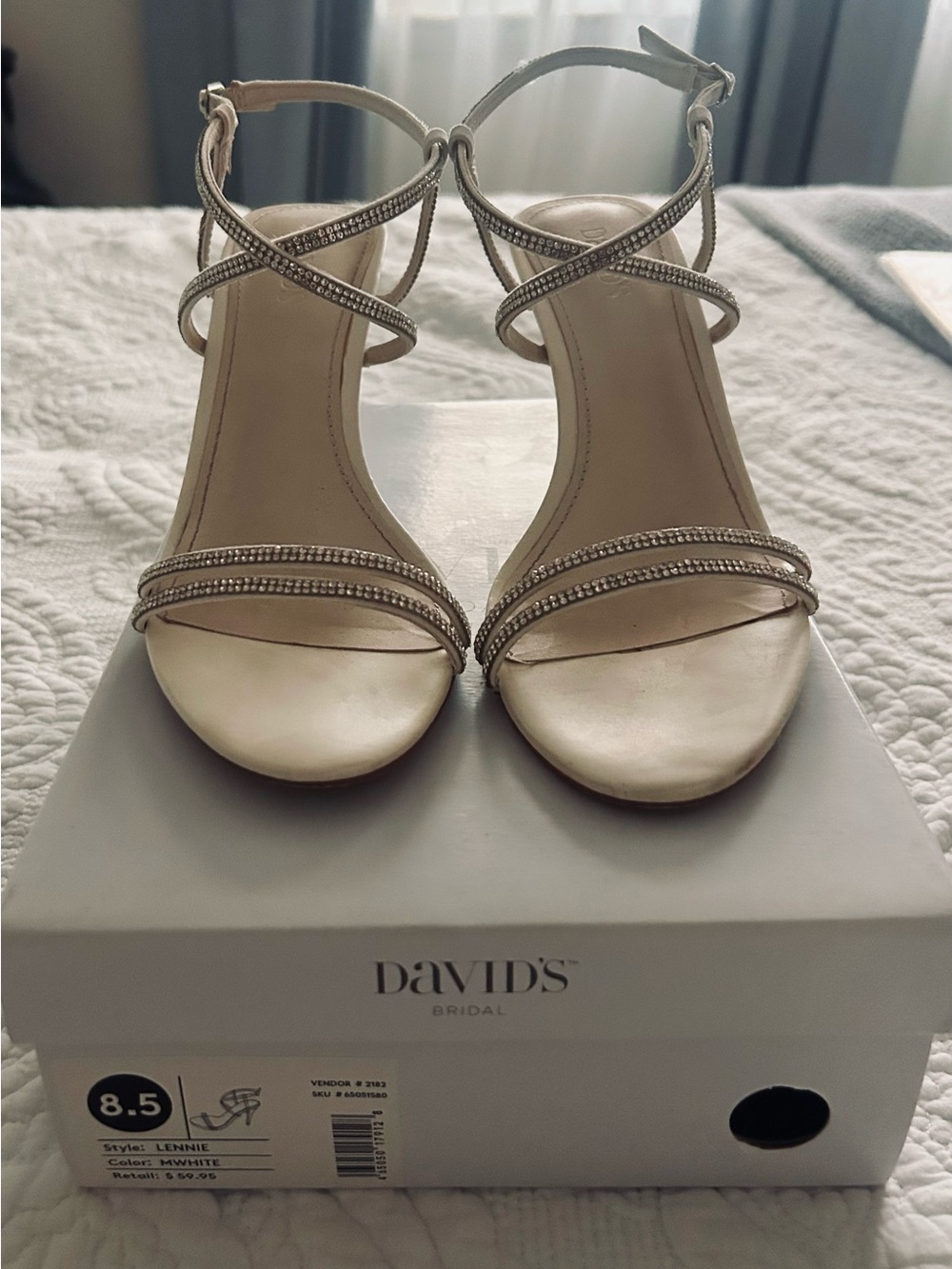David’s Bridal Lennie Crystal Strappy Heels Size 8.5 Ivory White Wedding Shoes